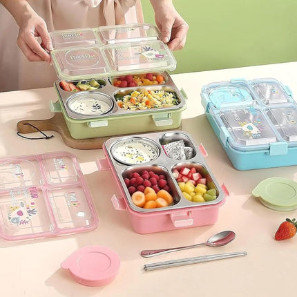 Bento Lunch Box with 3 Compartments For Kids (Blue/Green/Pink)