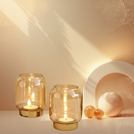 Set of 2 Glass Metal Base Candle Holder