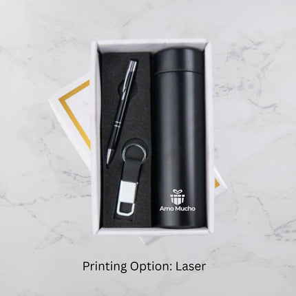 Luxury Black Insulated Bottle Ball Pen and Keychain Gift Set (MOQ - 25)