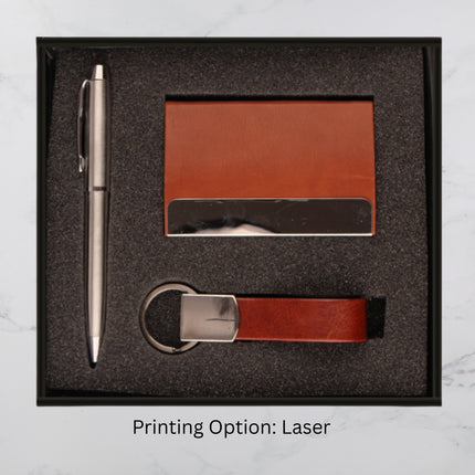Classic Brown Gift Set With Pen Card Holder and Keychain ( MOQ - 25)