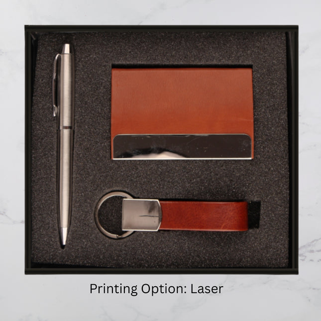 Classic Brown Gift Set With Pen Card Holder and Keychain ( MOQ - 25)