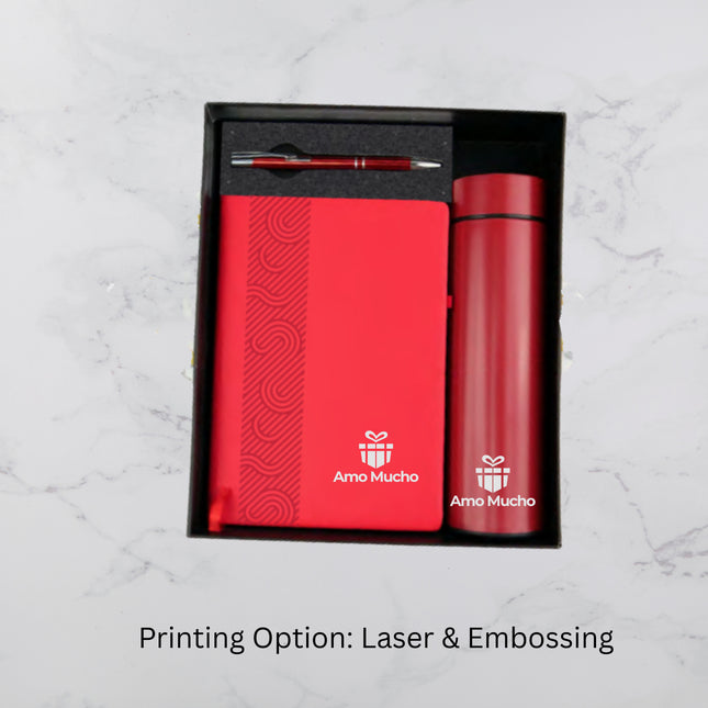 Classic Red E-Notebook Temperature Bottle and Ball Pen Gift Set (MOQ - 25)