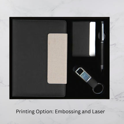 Black With Grey Flap Cover Diary Keychain Card Holder & Ball Pen Set (MOQ - 25)