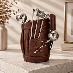 Luxury Golf Silver Bar Set with Brown Leather Mini Golf Bag Holder and Stainless Steel Cocktail Accessories for Men Gift & Home Bar Decor