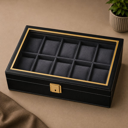 Luxury 10 Slot Watch Organizer Box with Transparent Glass Lid, Soft Velvet Interior, Premium Black Leather Finish and Display Storage for Men & Women