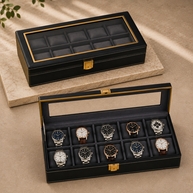 Luxury 10 Slot Watch Organizer Box with Transparent Glass Lid, Soft Velvet Interior, Premium Black Leather Finish and Display Storage for Men & Women