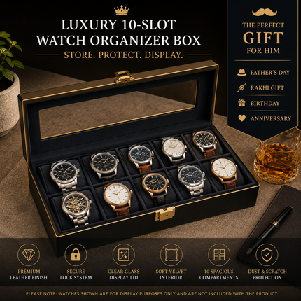 Luxury 10 Slot Watch Organizer Box with Transparent Glass Lid, Soft Velvet Interior, Premium Black Leather Finish and Display Storage for Men & Women