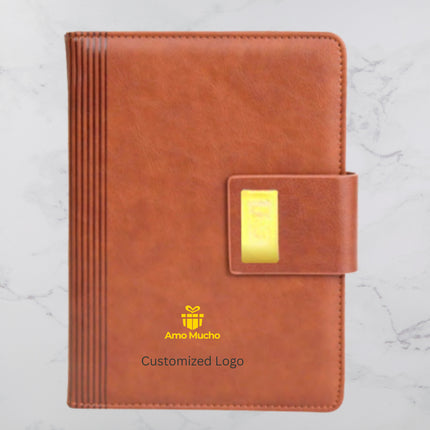 Brown Side-Lined PU Cover Diary with Strap Lock (MOQ - 25)