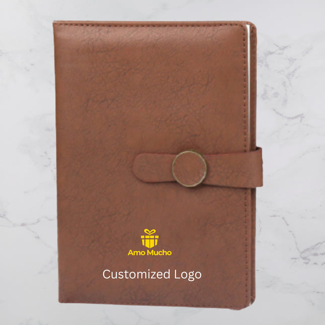 Brown Smooth PU Cover Diary with Strap Lock and Elegant Round Buckle (MOQ - 25)