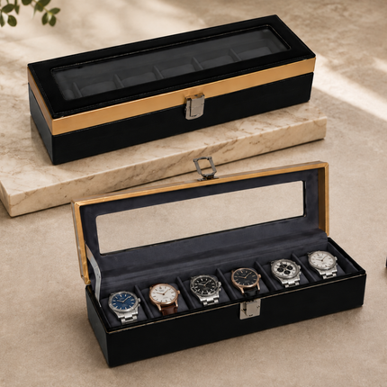 Luxury 6 Slot Watch Organizer Box for Men with Glass Lid | Premium Watch Storage Case | Gift for Father’s Day & Rakhi