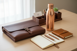 laptop bag, copper Bottle, Leather Diary Pen set organiser
